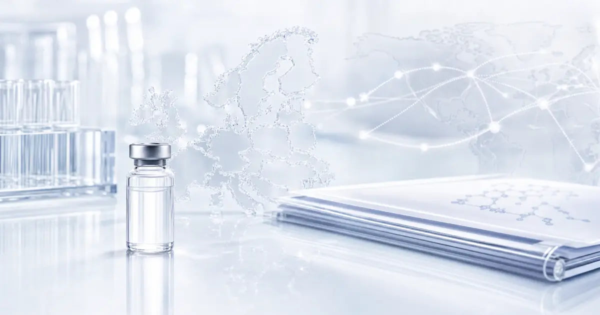 Peptide aus Europa oder China mit Laborvial und Lieferketten-Visual