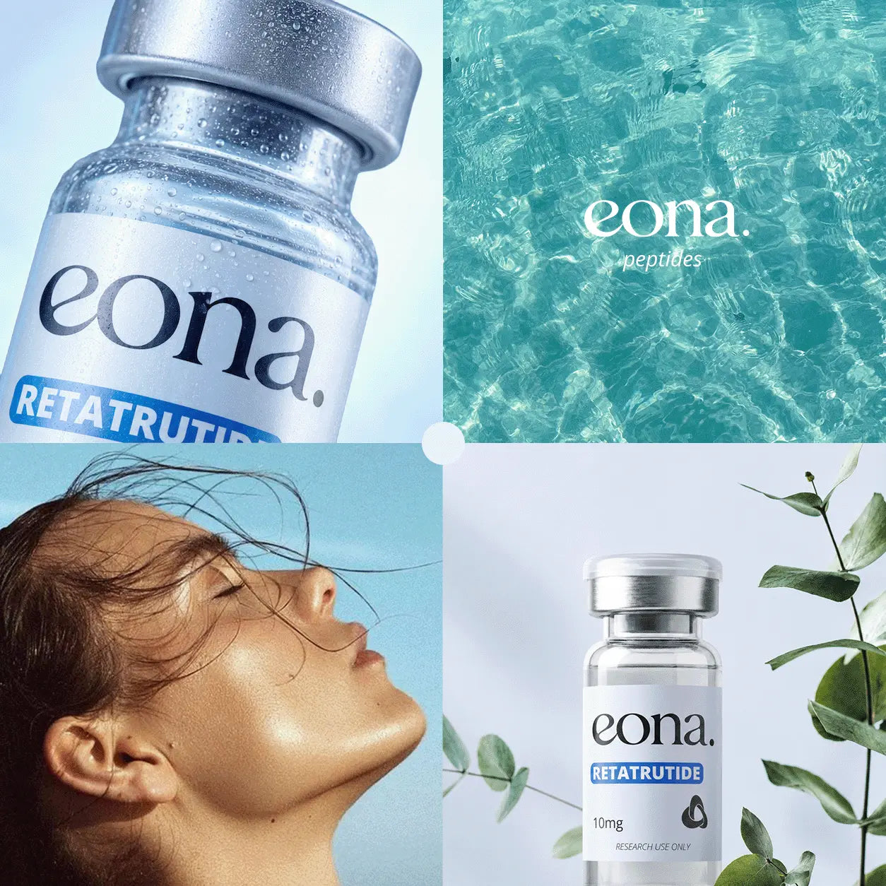 Viergeteilte Collage in kühlen Blau- und Türkistönen: Nahaufnahme eines mit Wassertropfen bedeckten EONA-Retatrutide-Fläschchens, glitzernde Wasseroberfläche mit EONA-Peptides-Logo, Profil einer Frau mit nassem Haar sowie ein Retatrutide-Fläschchen mit 10 mg zwischen grünen Pflanzen.